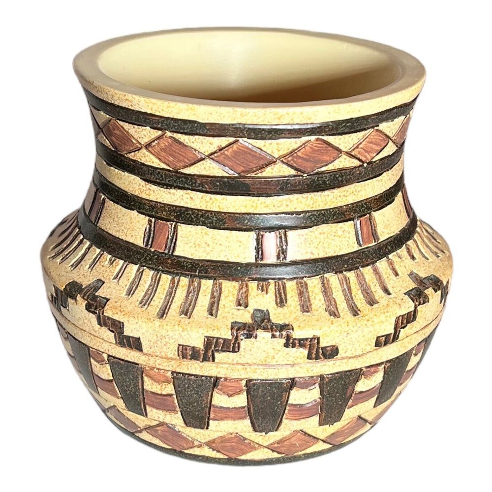 Aztec Design carved segmented‎ hand painted vase Made in India 4" tall and wide